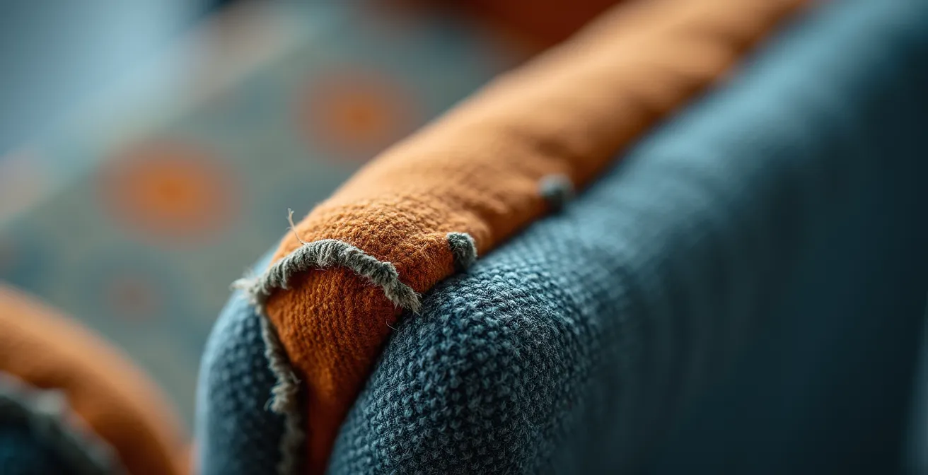 Détail macro d'une chaise de bureau usée montrant l'usure prématurée