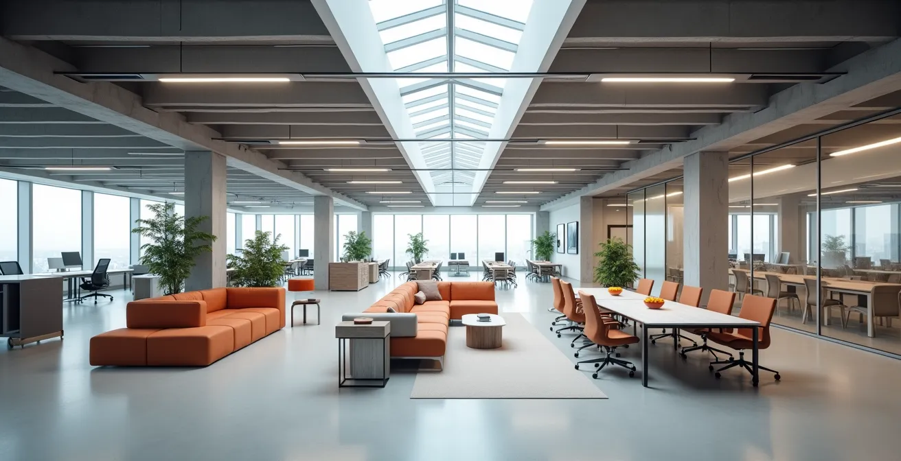 Vue aérienne d'un espace de bureau avec aménagement optimisé montrant la densification intelligente