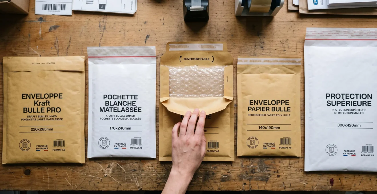 Comparaison rapprochée de différents types d'enveloppes matelassées professionnelles avec bulles d'air et kraft