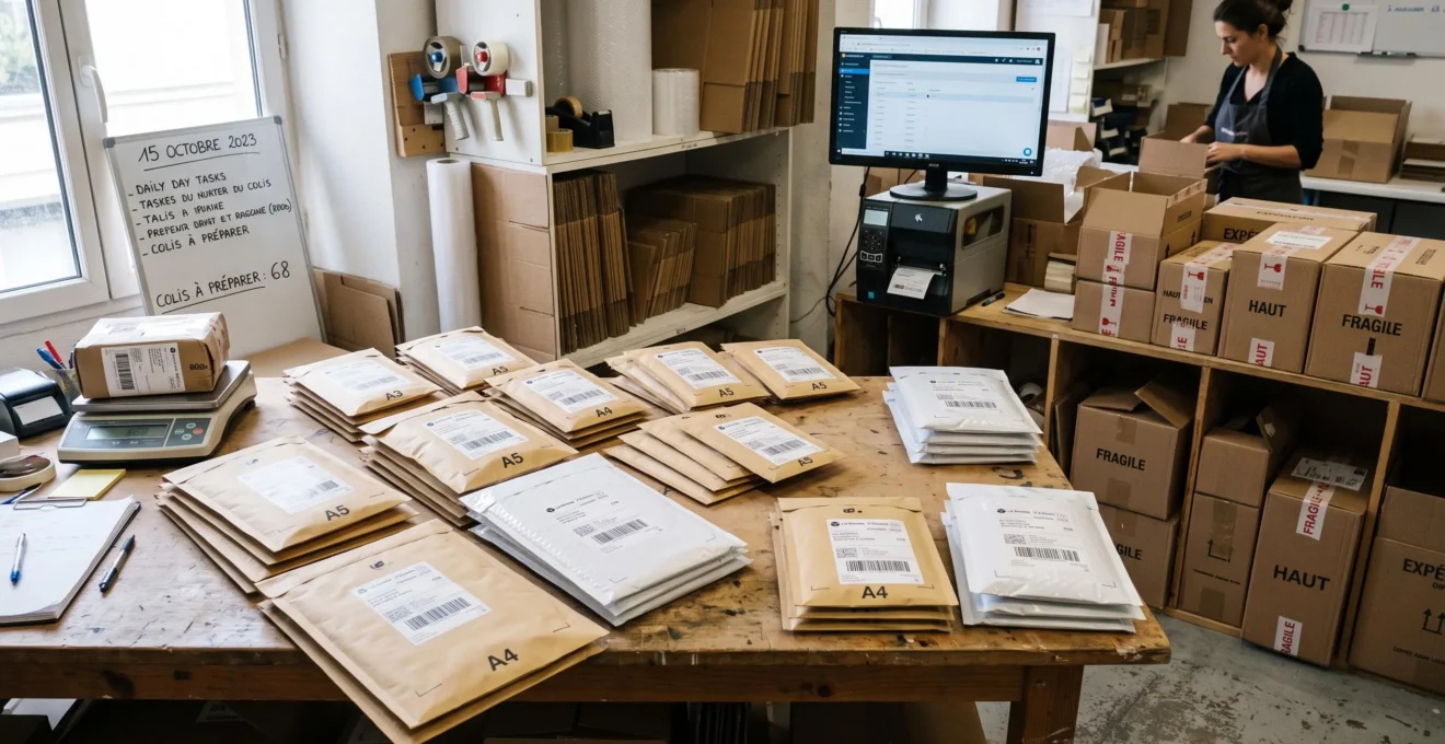 Poste de travail d'expédition professionnel avec plusieurs enveloppes matelassées préparées et prêtes à l'envoi
