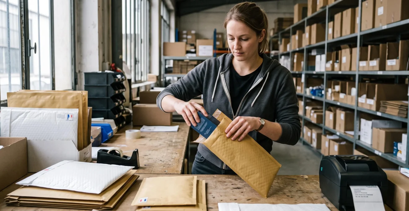Professionnel préparant un envoi avec une enveloppe matelassée à bulles dans un espace de travail logistique