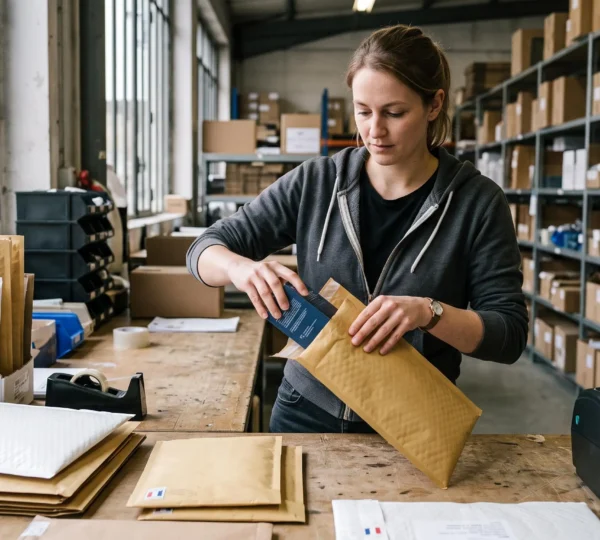 Professionnel préparant un envoi avec une enveloppe matelassée à bulles dans un espace de travail logistique