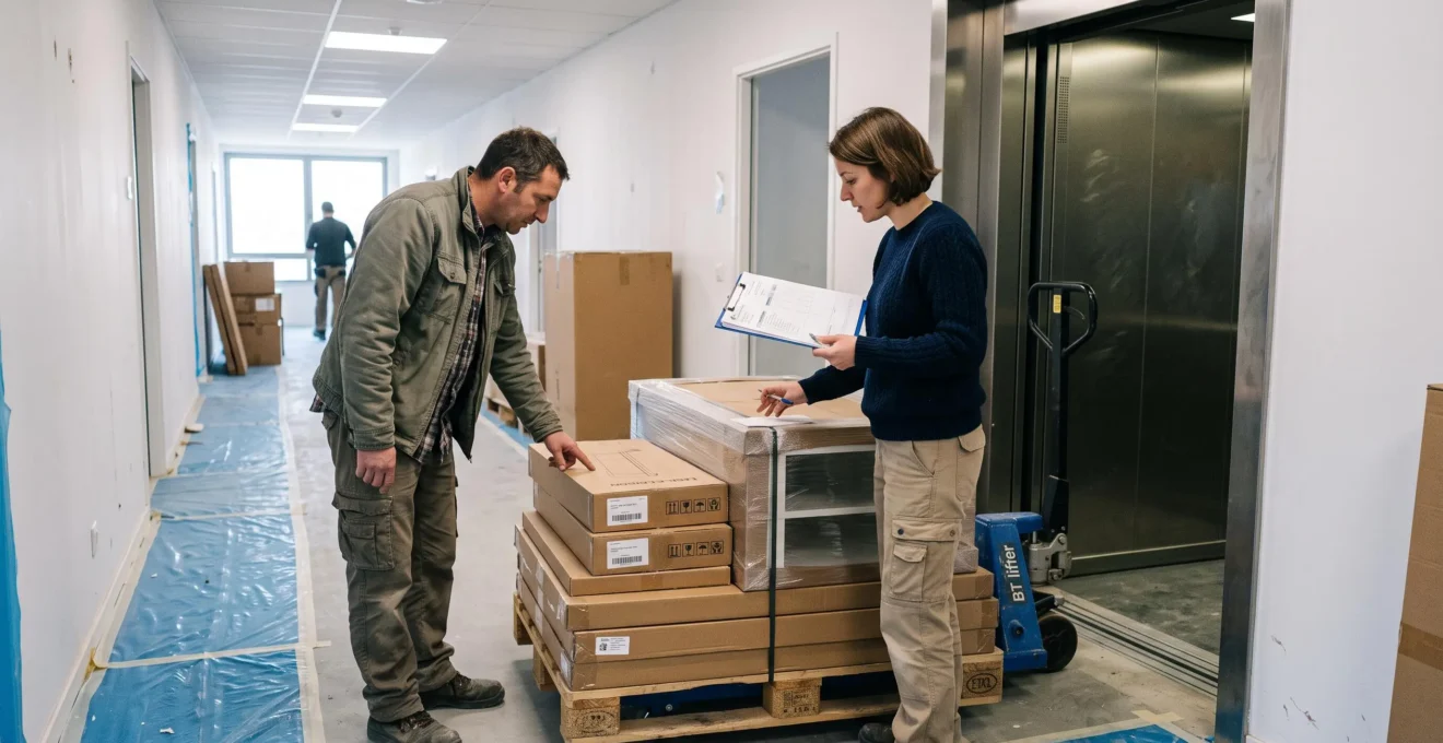 Un livreur et un coordinateur vérifient des colis de mobilier sur une palette dans le couloir d'un immeuble de bureaux en travaux.