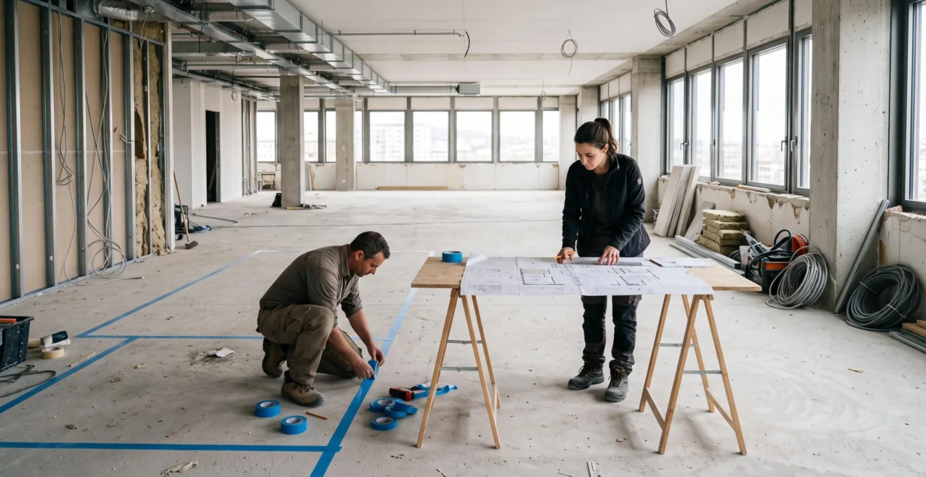 Deux professionnels délimitent des zones au sol avec du ruban de marquage dans un plateau de bureaux vide avant son aménagement.