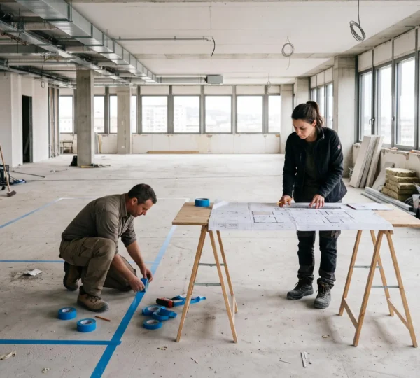 Deux professionnels délimitent des zones au sol avec du ruban de marquage dans un plateau de bureaux vide avant son aménagement.